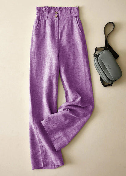 Grey High Waist Button Linen Straigh Pants Summer
