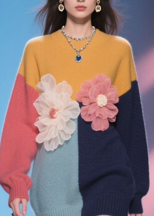 Italian Colorblock O Neck Knit Mid Sweater Fall