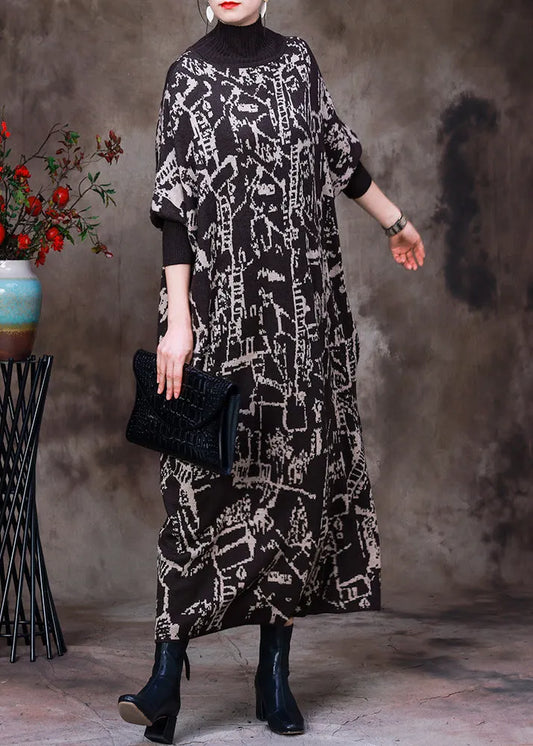 Black Turtleneck Print Knit Patchwork Long Dress Long Sleeve
