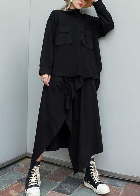 Modern Black Cotton Linen Asymmetric Ruffles Fall Skirt