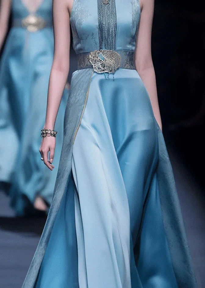 Chinese Style Blue Patchwork Silk Top and Cummerbund Maxi Skirts Sleeveless