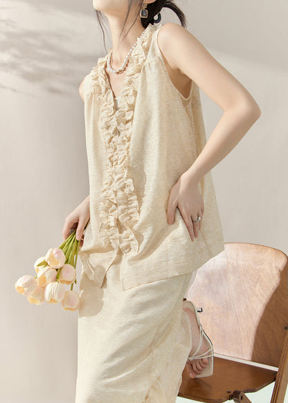 Loose Apricot Vest and Maxi Skirts Two-piece Set Sleeveless