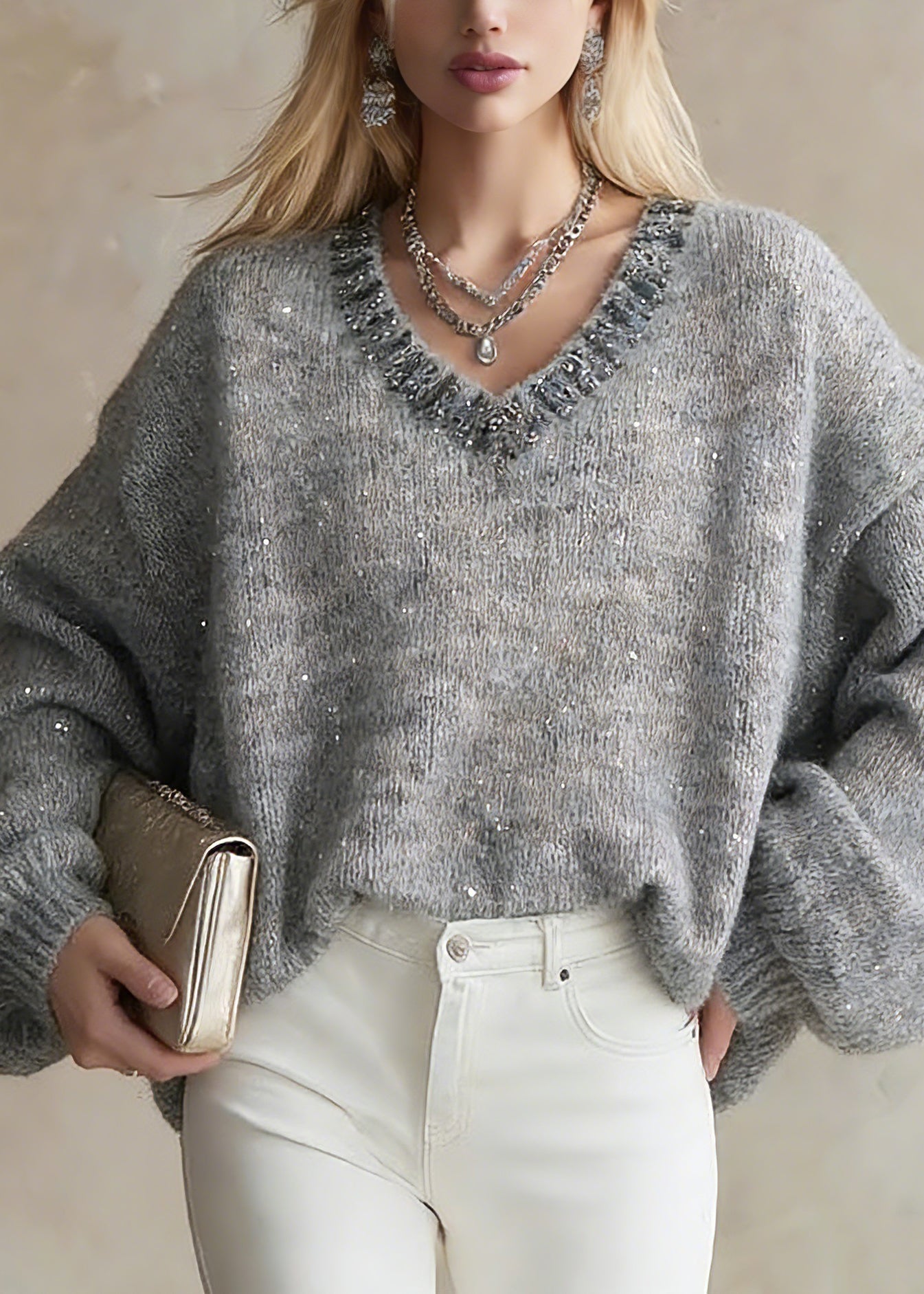 Organic Grey V Neck Zircon Cotton Knit Short Sweater Lantern Sleeve