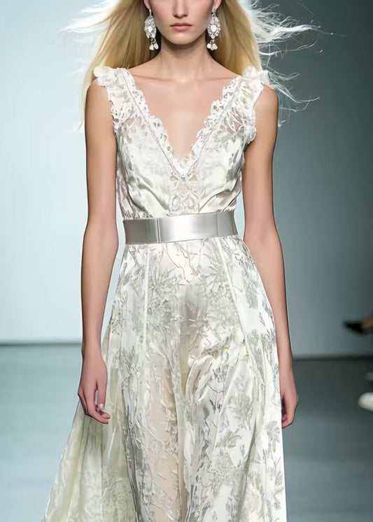 White Cinched Jacquard Silk Dinner Dress Summer