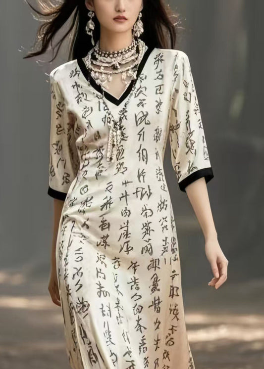 Beige V Neck Print Silk Holiday Dress Half Sleeve
