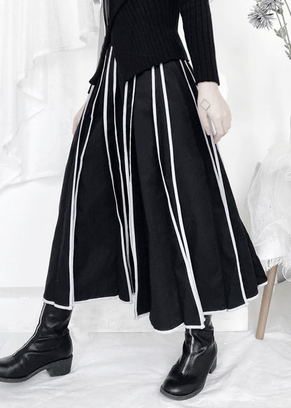 Black Striped Patchwork Elastic Waist a Line Skirt Fall