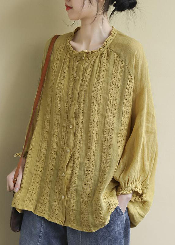 Yellow Button Embroidered Linen Shirts Long Sleeve