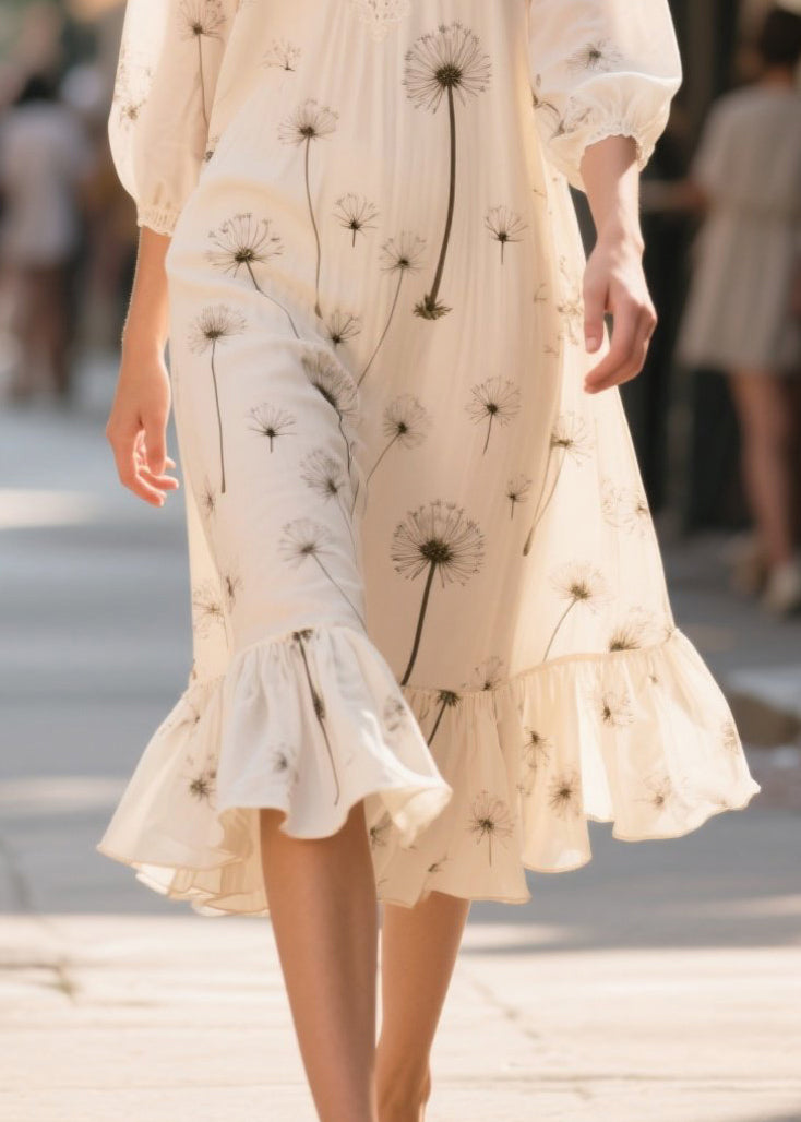 White Print Patchwork Chiffon Long Dress Bracelet Sleeve