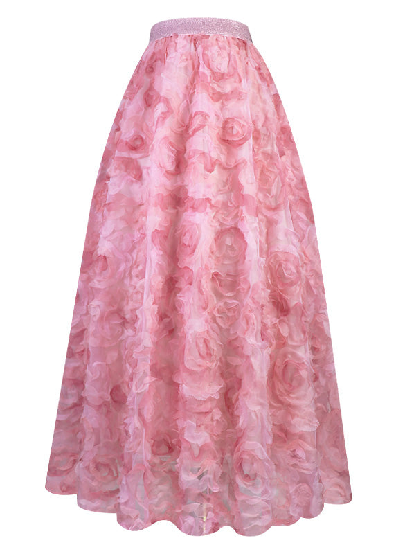 Gradient Color Pink Rose Embroideried High Waist Tulle Maxi Skirt Spring