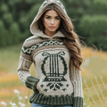 Women's Irish Celtic Knot Harp Jacquard Hooded Sweater artswardrobe
