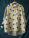 Women's Funny Dog Art Print Casual Cotton And Linen Shirt