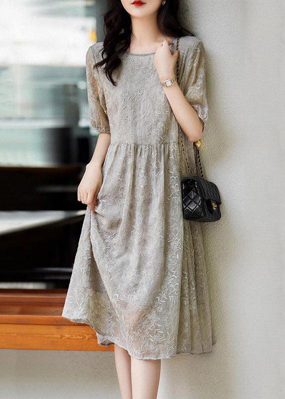 Grey Embroideried Wrinkled Patchwork Lace Dresses Summer