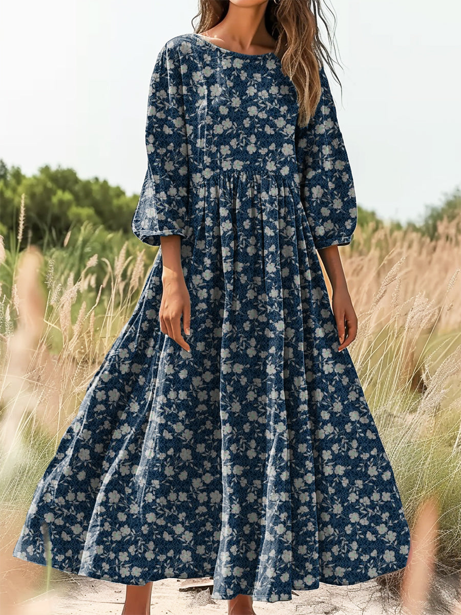 Women's Vintage Floral Art Print Flowy Cotton Dress