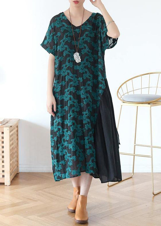 V Neck Pockets Tunic Top Design Green Print a Line Dresses