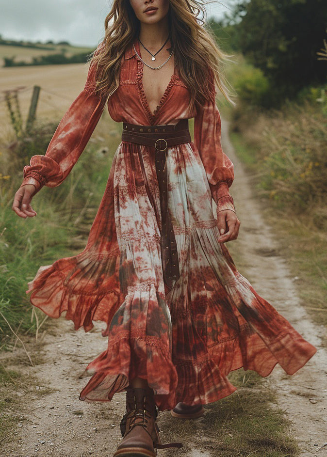 Tie Dye Wrinkled Patchwork Chiffon Dresses Spring
