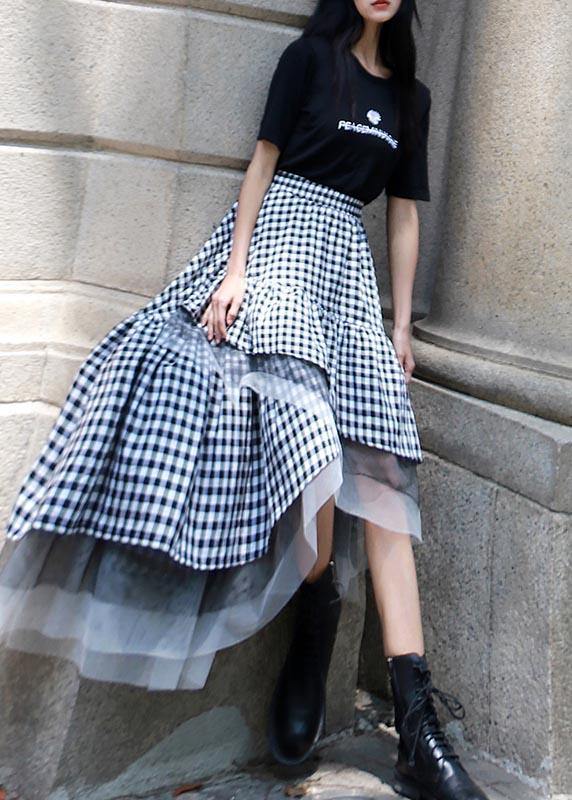 Black White Plaid Ruffles Patchwork Lace Skirt Summer