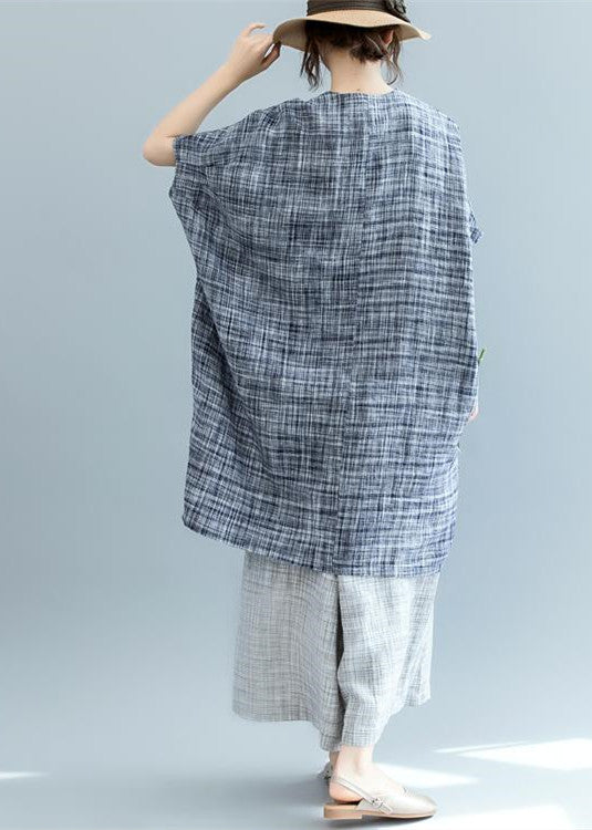 Stylish Black Plaid Natural Linen Dress Oversize Traveling Dress Batwing Sleeve O Neck Baggy Dresses