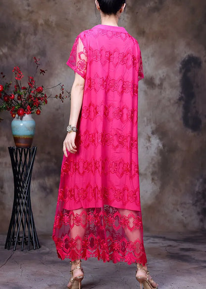 Rose Stand Collar Embroideried Hollow Out Tulle Vacation Long Dress Short Sleeve