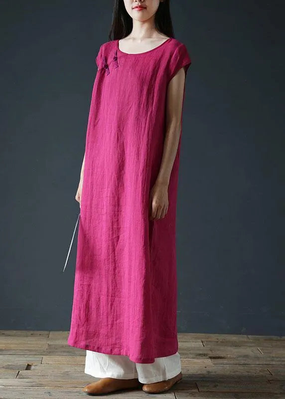 O Neck Side Open Linen Summer Clothes for Work Outfits Rose Dresses