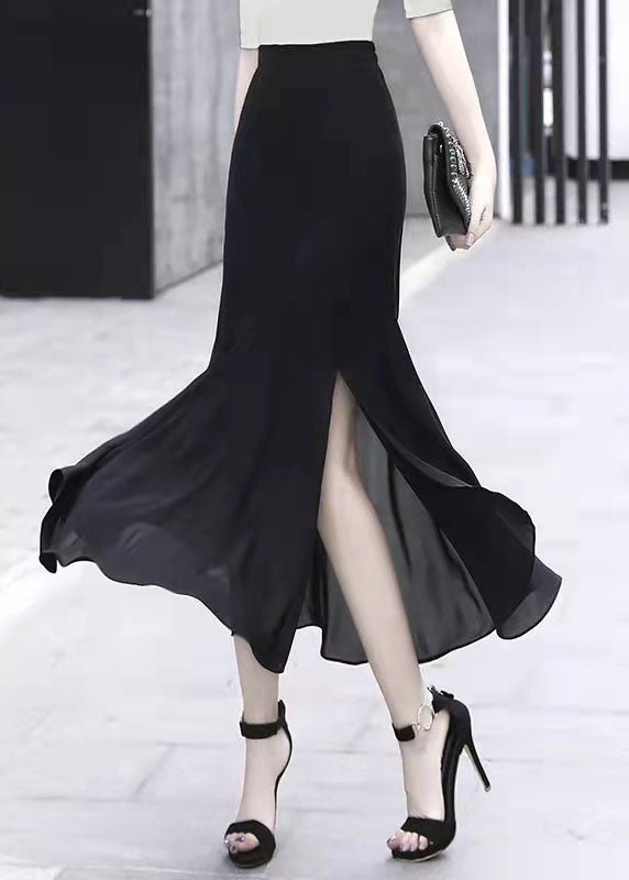 Handmade Black Asymmetrical Design Side Open Plaid Chiffon Skirts Spring