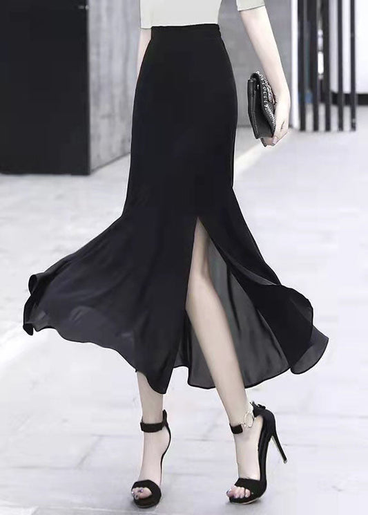 Handmade Black Asymmetrical Design Side Open Plaid Chiffon Skirts Spring
