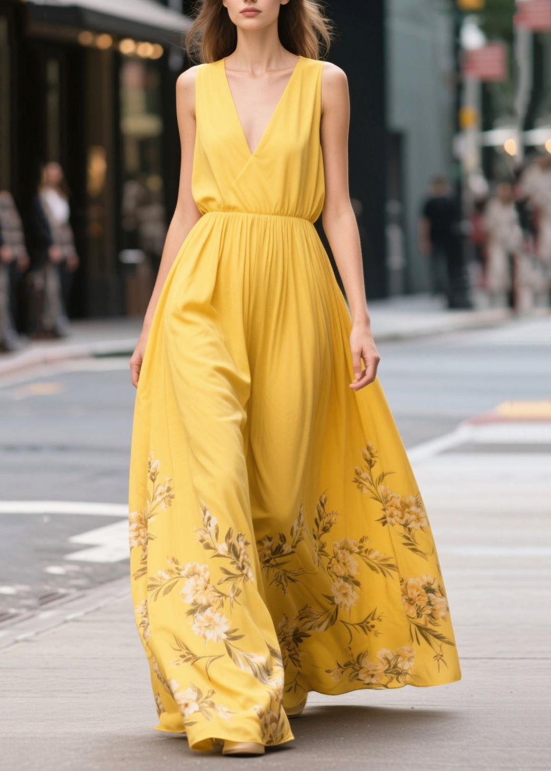 Yellow Print Draping Chiffon Sundress Summer