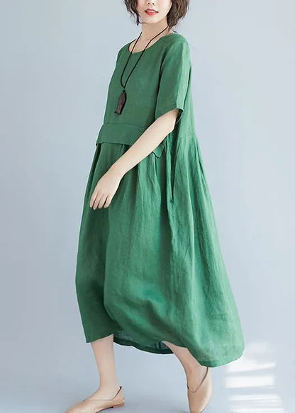 O Neck Pockets Cotton Linen Quilting Dresses Photography Green Dress Summer