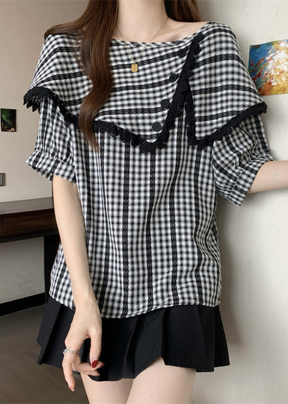 Grey Asymmetrical Plaid Cotton Shirts Summer