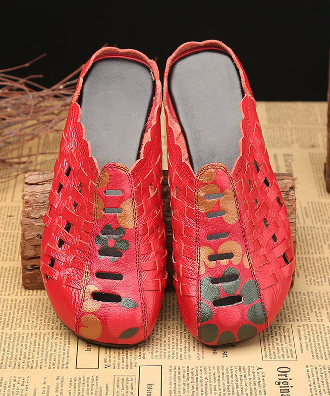 Hollow Out Splicing Red Cowhide Leather Slide Sandals