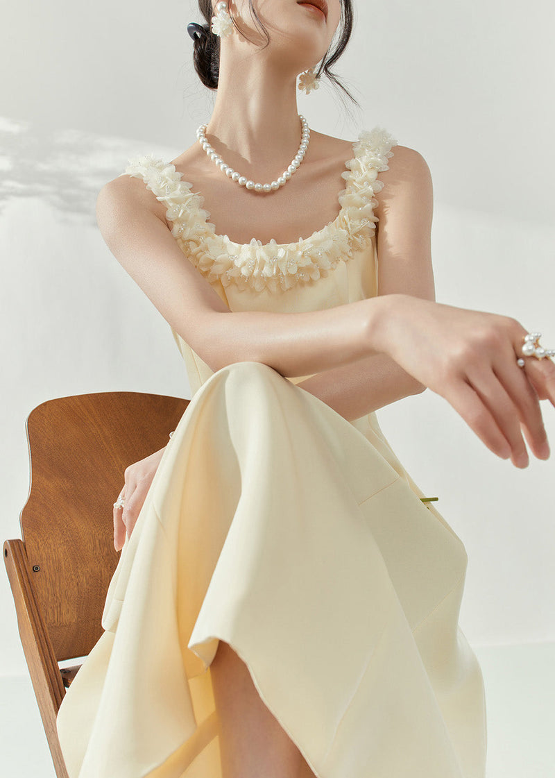 French Beige Square Collar Maxi Dresses Sleeveless