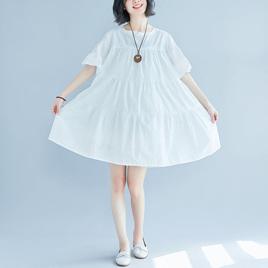 White Dress Trumpet Sleeves a Line Skirts O Neck Cotton Dress