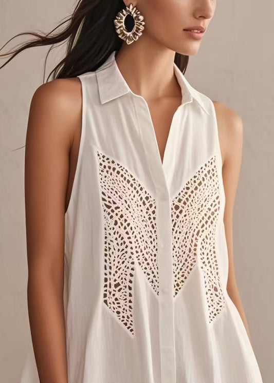 White Hollow Out Cotton Day Dress Sleeveless
