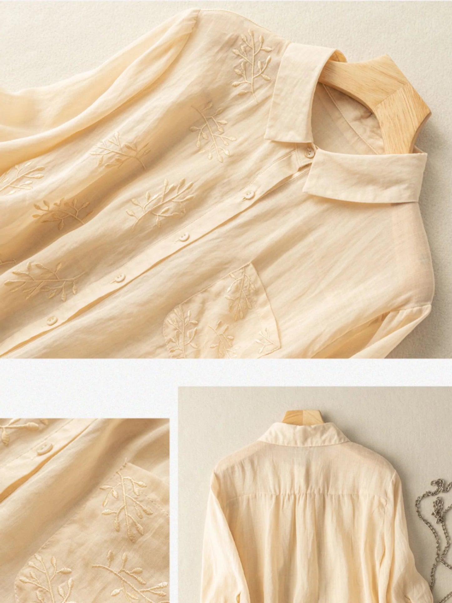 Embroidered 3/4 Sleeve Linen Shirt Top With a Patch Pocket