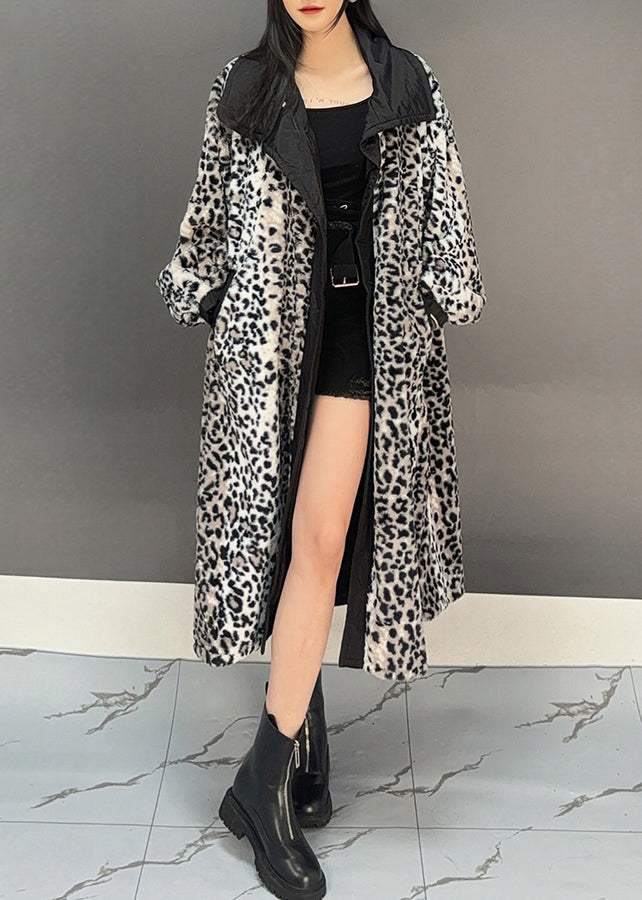 Dark Grey Leopard Patchwork Pockets Long Trench Coat Spring
