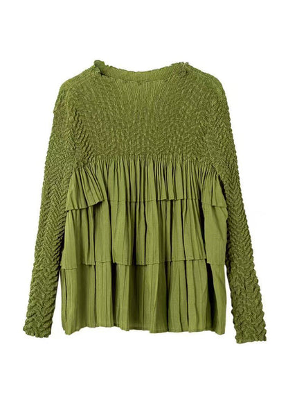 Green O Neck Wrinkled Patchwork Chiffon Top Long Sleeve
