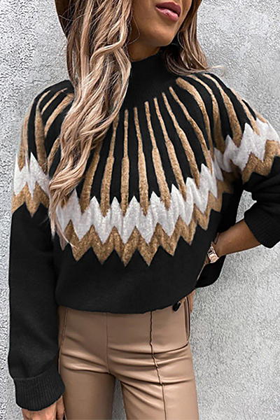 Geometric Patchwork Contrast Turtleneck Tops(4 Colors)
