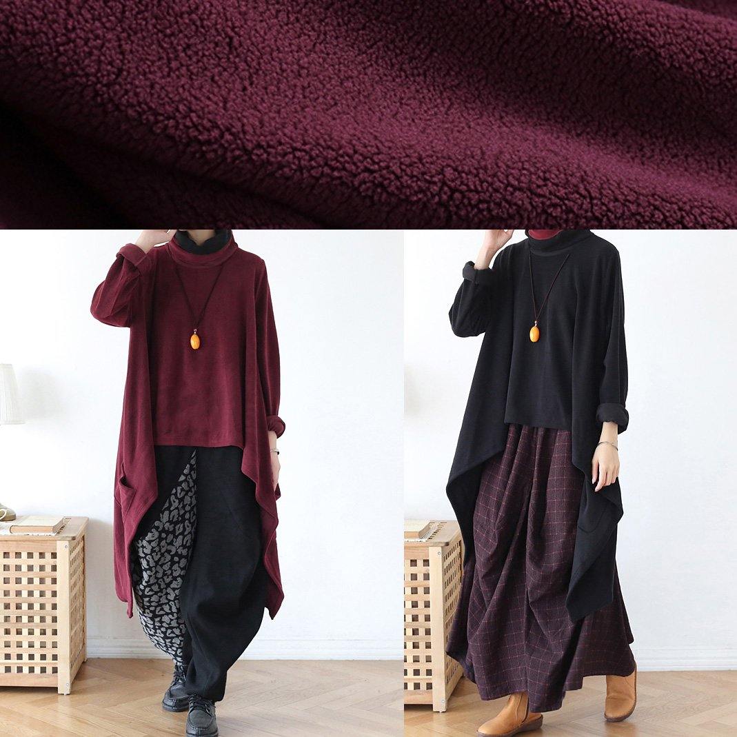 High Neck Red Knit Sweat Tops Clothing Asymmetric Hem Knit Blouse
