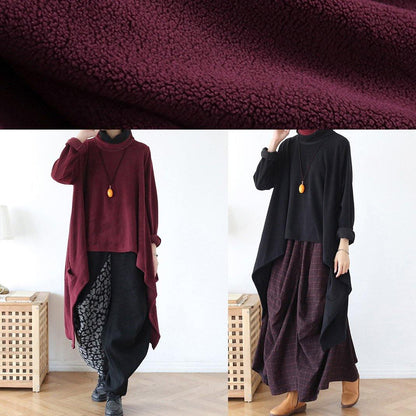 High Neck Red Knit Sweat Tops Clothing Asymmetric Hem Knit Blouse