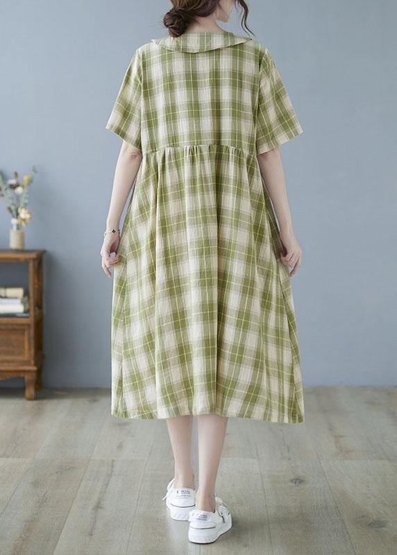 Green Plaid Peter Pan Collar Button Summer Party Dress Half Sleeve