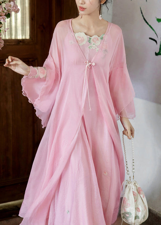 Pink Embroidered Cardigan and Spaghetti Strap Dress Silk Two Pieces Set Flare Sleeve