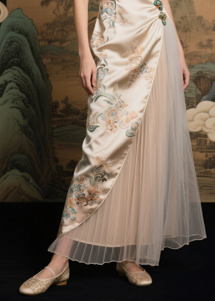 Champagne Jacquard Tulle Patchwork Silk Dresses Sleeveless