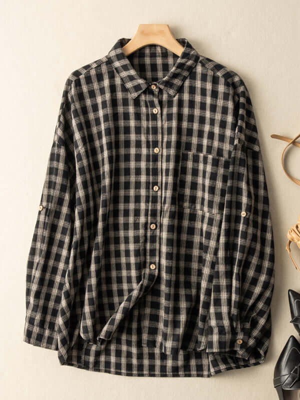 Natural Fabric Classic Plaid Style Loose Shirt
