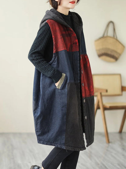 Winter Colorblock Hooded Mid Length Waist Coat