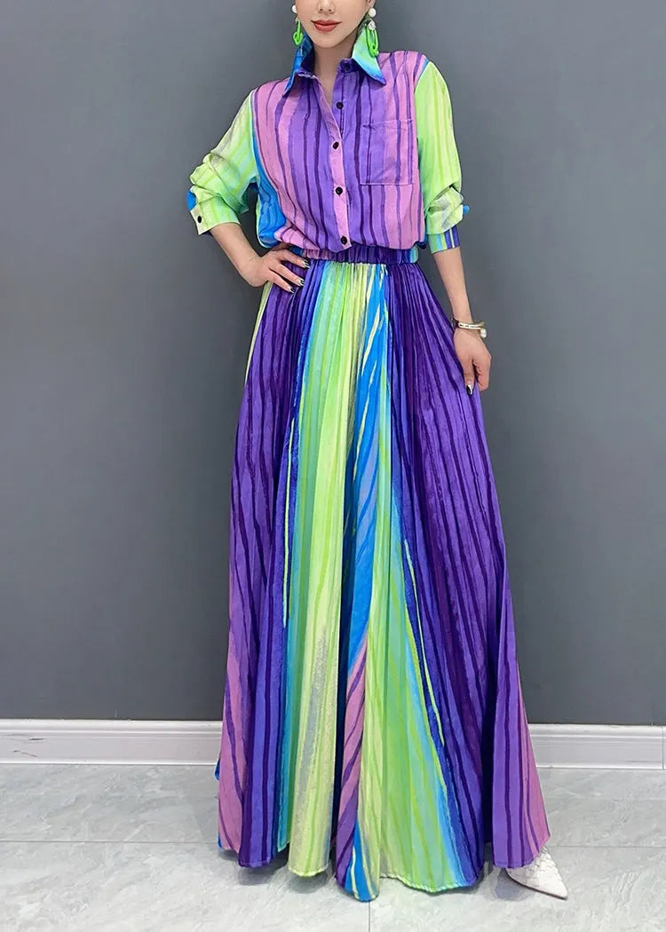 Fine Purple Peter Pan Collar Striped Shirts and Maxi Skirts Two Pieces Set Fall