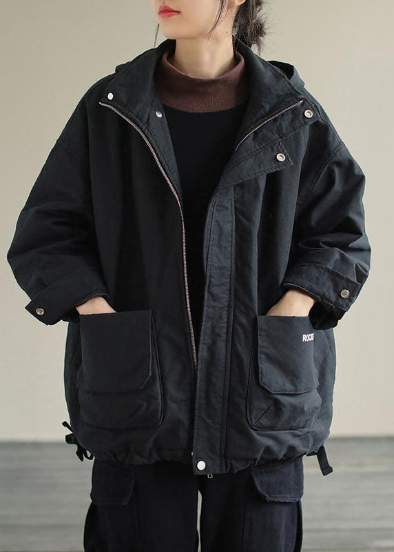 Unique Black Hooded Pockets Winter Cotton Coat Long Sleeve
