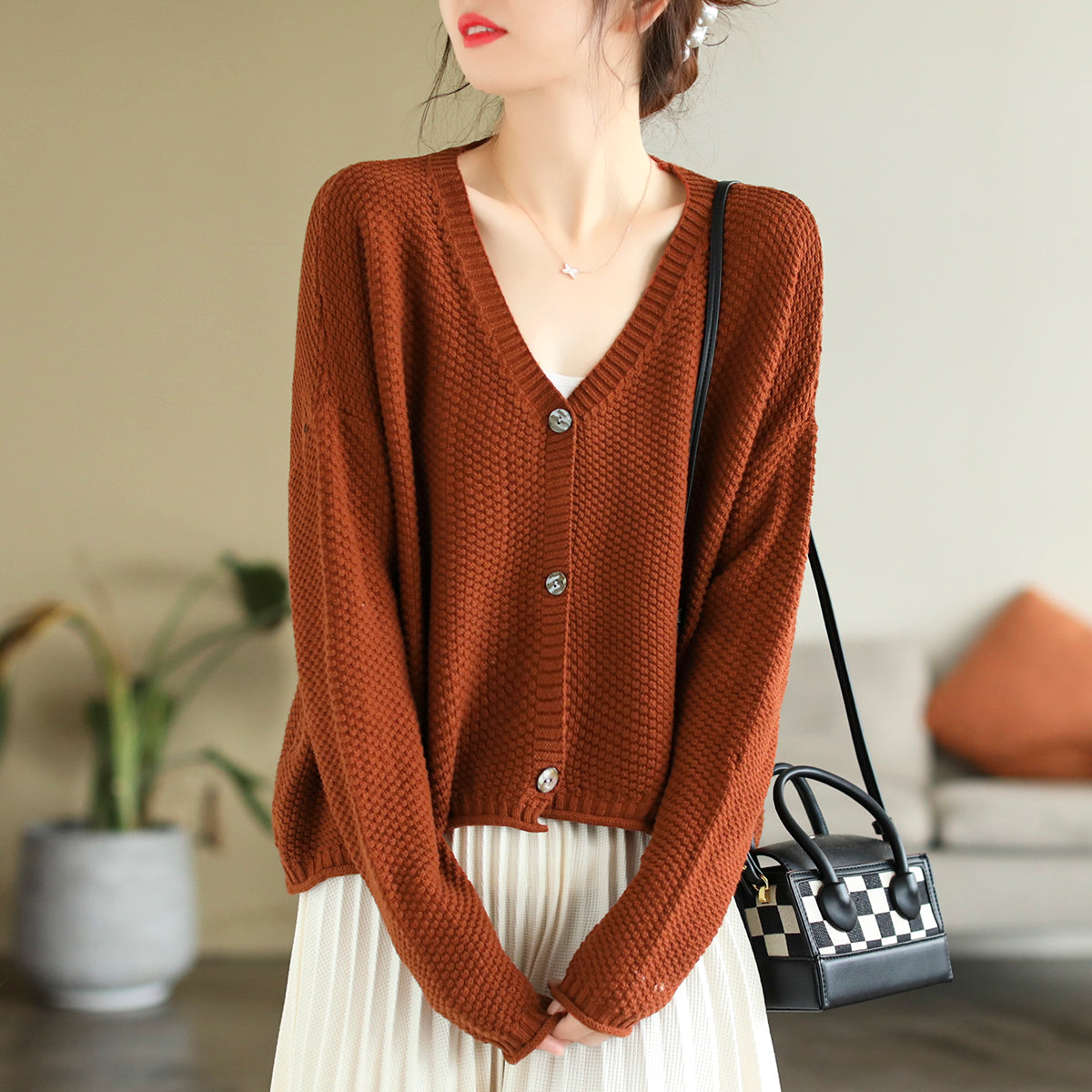 Autumn V-neck Cotton Knitted Cardigan
