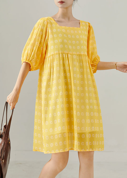 Yellow Square Collar Print Cotton Tea Dress Summer