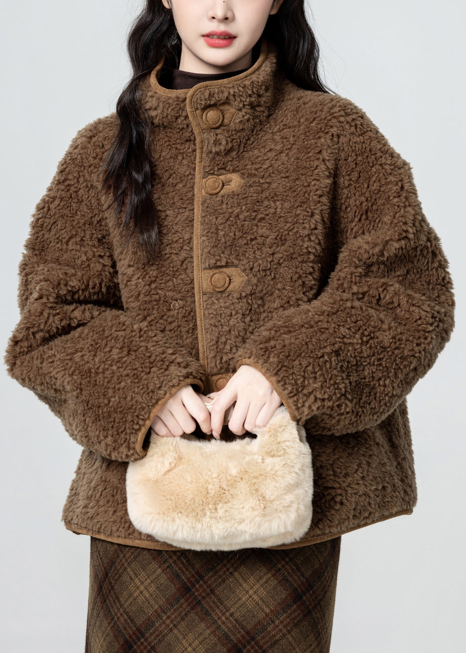 French Coffee Stand Collar Button Fluffy Wear on Both Sides Faux Suede Coats Winter