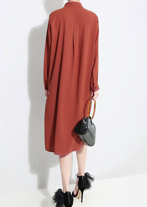 Red Peter Pan Collar Asymmetrical Ruffled Shirt Dress Spring