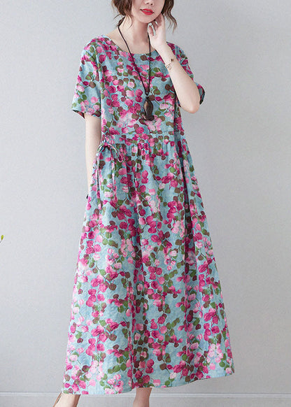 Red O-neck Cinched Print Cotton Cinch Dress Short Sleeve